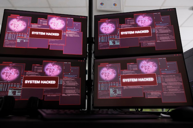 computers displaying hacked system alert message flashing on monitor, showing security breach warning. empty software developer it office with multiple screens running malfunction. close up