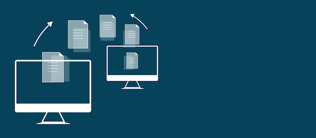 Computers with transfer files icon on blue background
