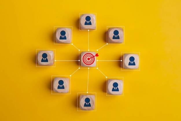 Concept of achieving goals by cooperating with team members with a human icon for customer focus target group and customer relation management concept