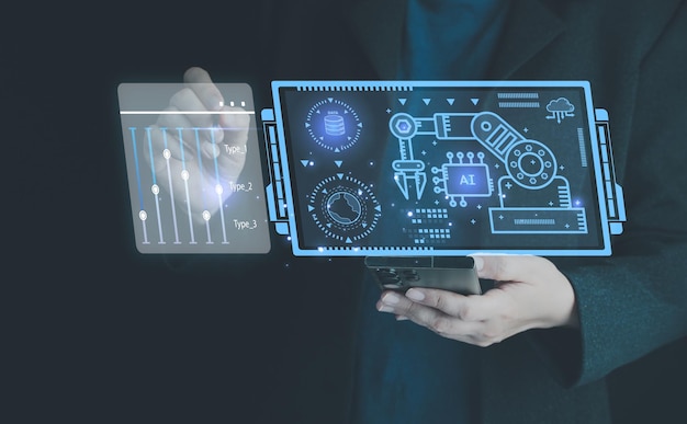 Concept of ai artificial intelligence machine learning technology automation interface digital communication with robot brain cyberspace connection virtual smart screen software management