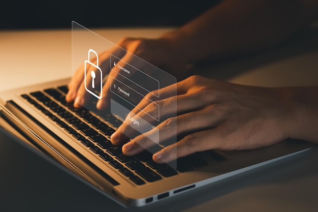 Concept of cyber security user type login and password keeping user personal data safe encryption secure internet access cyber security