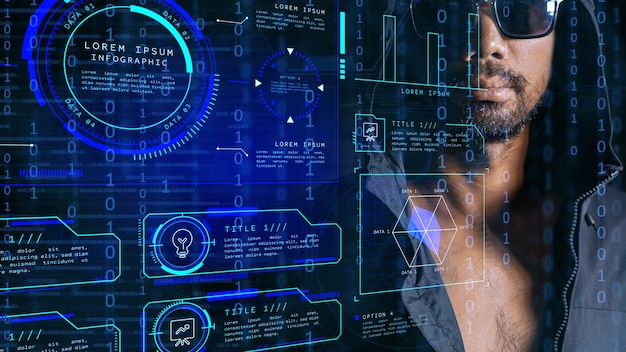 concept of hackers and cyberpunk or identity theft of computer networks a man who does not trust technology background