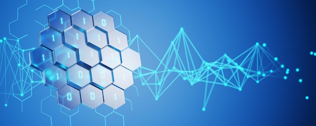 Concept of neural network big data Abstract background Digital background Technological background Binary code on hexagons 3D rendering