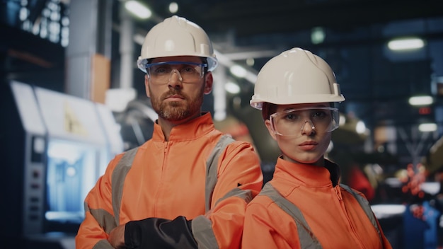 Confident plant engineers posing manufacturing workshop in helmets close up