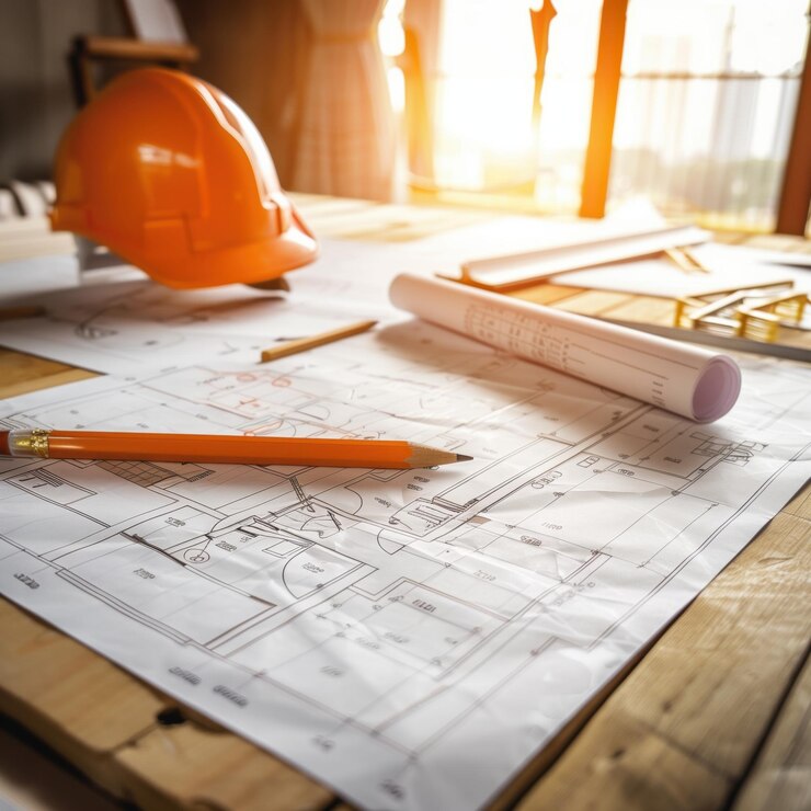 Kuva construction blueprint on a wooden table with a hard hat and pencil bright natural light job site office background aar 64 job id e28537d1ab9e4fc38ef345b94d3ca26a