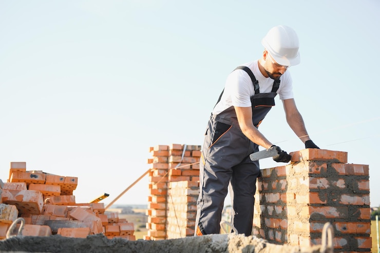 Kuva construction worker man in work clothes and a construction helmet portrait of positive male builder in hardhat working at construction site