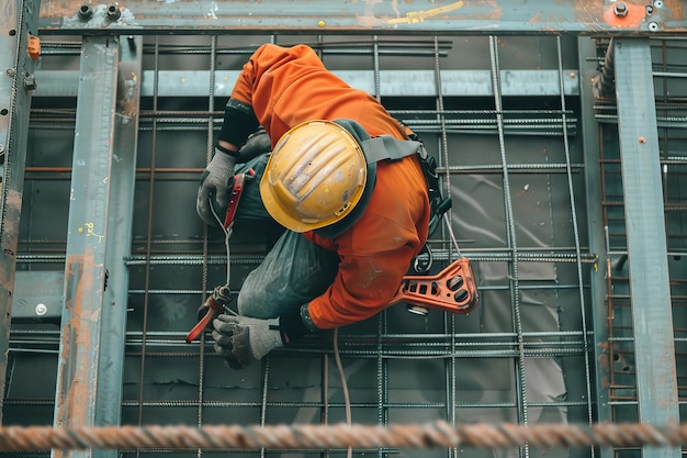 construction workers checking on steel rod on construction site