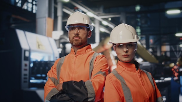 Couple factory technicians portrait at industrial production in uniform close up