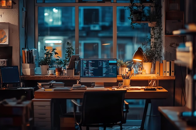 Cozy Home Office at Night with Computer and Plants Illuminated by Warm Table Lamp