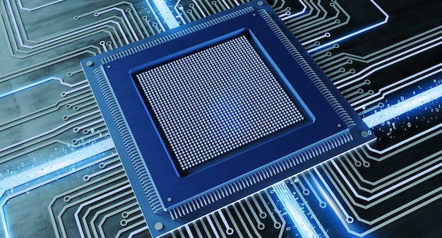 CPU-prosessorisiru ja verkkoyhteys piirilevyllä - 3D-renderöinti