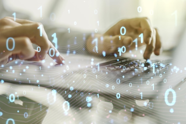 Creative abstract binary code hologram and hands typing on computer keyboard on background AI and machine learning concept Multiexposure