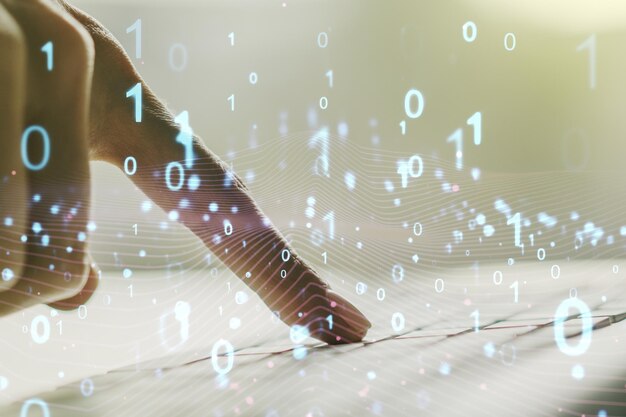 Creative abstract binary code hologram and hands typing on computer keyboard on background AI and machine learning concept Multiexposure