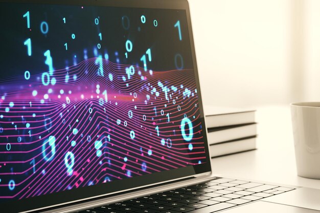 Creative abstract binary code hologram on modern computer monitor AI and machine learning concept 3D Rendering