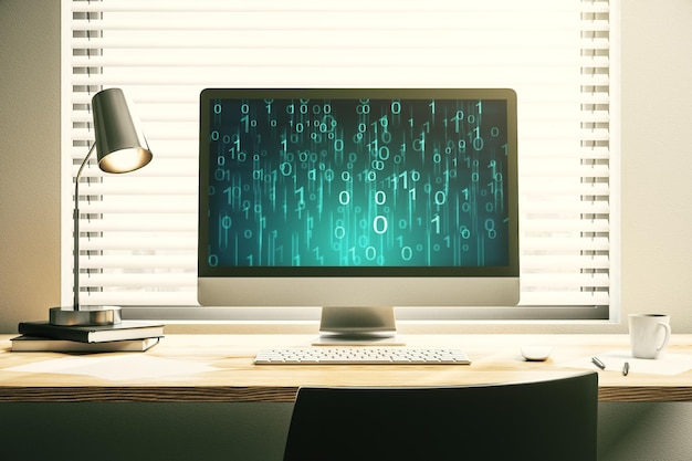 Creative abstract binary code hologram on modern computer monitor AI and machine learning concept 3D Rendering