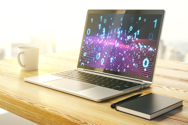 Creative abstract binary code hologram on modern computer monitor AI and machine learning concept 3D Rendering