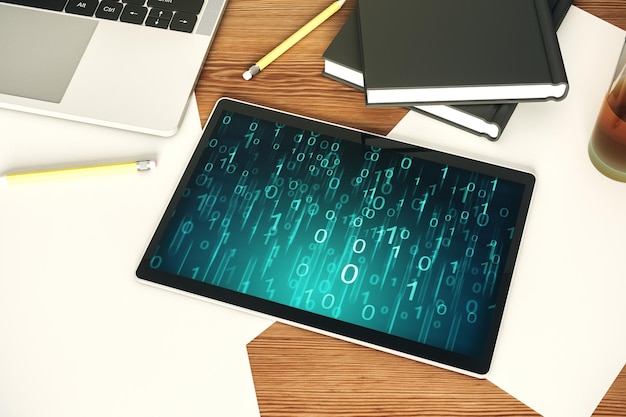 Creative abstract binary code hologram on modern digital tablet display AI and machine learning concept Top view 3D Rendering