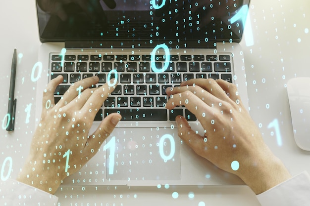 Creative abstract binary code sketch and hands typing on computer keyboard on background hacking and matrix concept Multiexposure