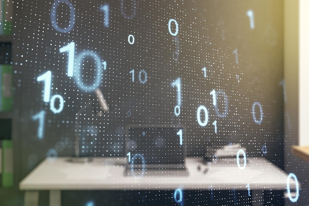 Creative abstract binary code sketch and modern desk with computer on background hacking and matrix concept Multiexposure