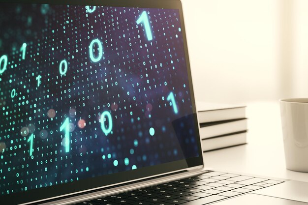 Creative abstract binary code sketch on modern laptop monitor hacking and matrix concept 3D Rendering