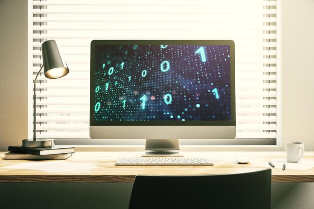 Creative abstract binary code sketch on modern laptop monitor hacking and matrix concept 3D Rendering