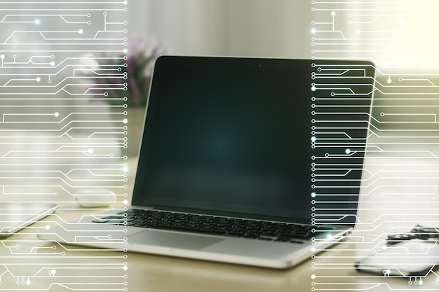 creative abstract micro circuit sketch on modern laptop background future technology and ai concept double exposure