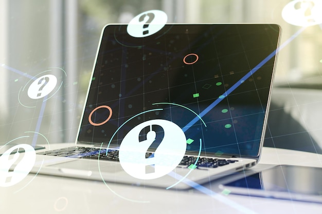 Creative abstract question mark sketch on modern laptop background FAQ and research concept Double exposure