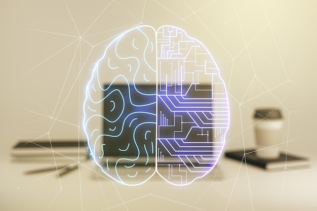 Creative artificial Intelligence concept with human brain hologram on modern laptop background Multiexposure