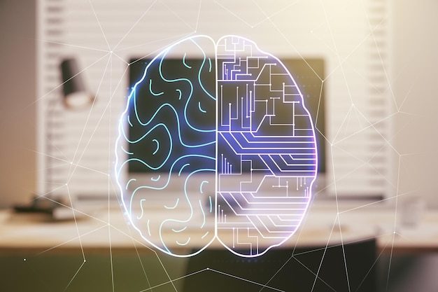Creative artificial Intelligence concept with human brain hologram on modern laptop background Multiexposure
