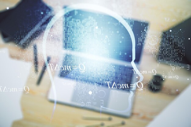 Creative artificial Intelligence concept with human head hologram on modern laptop background Multiexposure