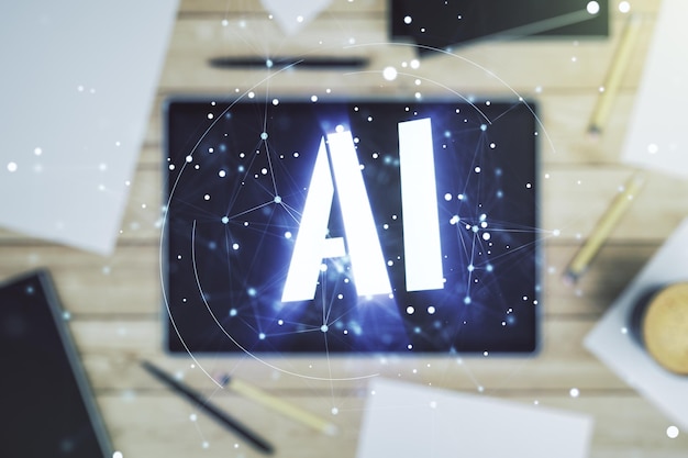 Creative artificial Intelligence symbol concept and modern digital tablet on background top view Multiexposure