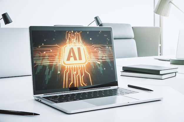 Creative artificial Intelligence symbol concept on modern laptop screen 3D Rendering