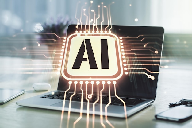 Creative artificial Intelligence symbol concept with modern laptop on background Multiexposure