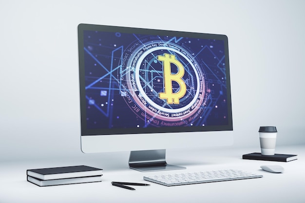 Creative Bitcoin concept on modern laptop screen 3D Rendering