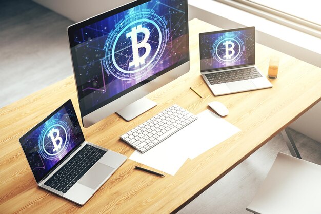 Creative Bitcoin concept on modern laptop screen 3D Rendering