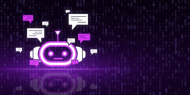 Creative bot hologram on purple binary coding background with mock up place Chat GPT and customer service concept 3D Rendering