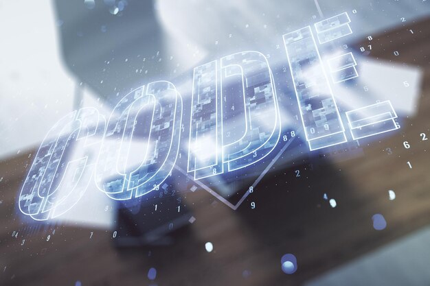 Creative Code word sign and modern desktop with pc on background international software development concept Multiexposure