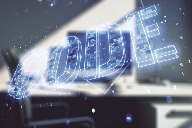 Creative Code word sign and modern desktop with pc on background international software development concept Multiexposure