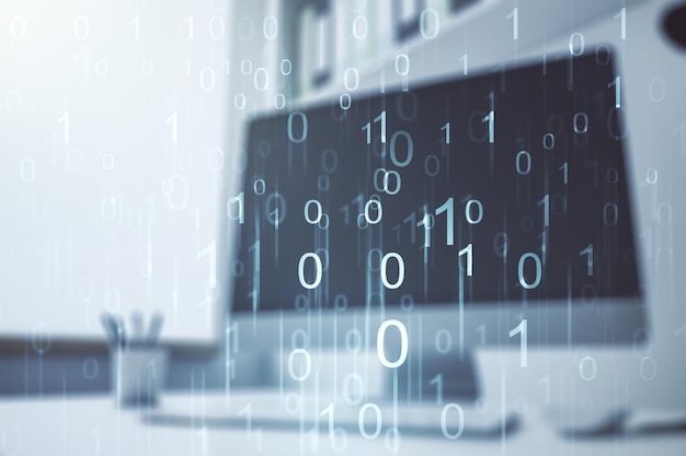 Creative concept of binary code illustration and modern desktop with computer on background Big data and coding concept Multiexposure