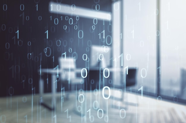 Creative concept of binary code illustration and modern desktop with computer on background Big data and coding concept Multiexposure