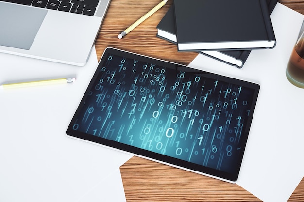 Creative concept of binary code illustration on modern digital tablet screen Big data and coding concept Top view 3D Rendering
