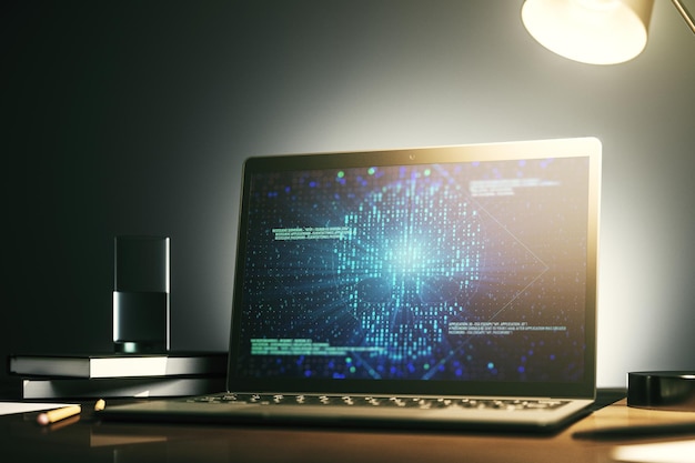 Creative concept of code skull illustration on modern laptop screen Hacking and phishing concept 3D Rendering