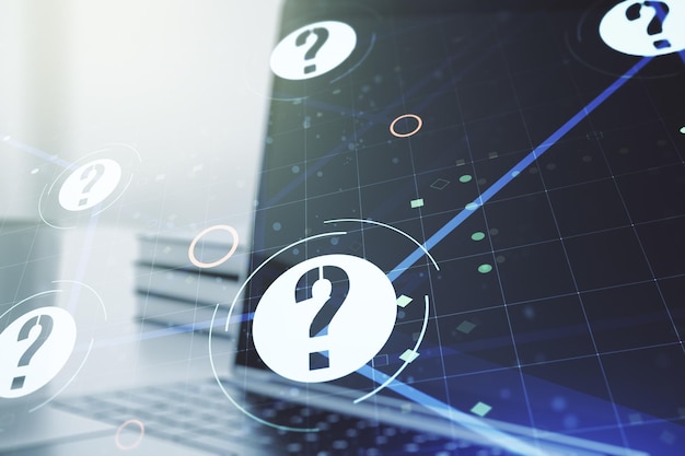 Creative concept of question mark illustration on modern laptop background FAQ and search concept Multiexposure
