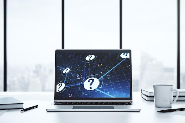 Creative concept of question mark illustration on modern laptop screen FAQ and search concept 3D Rendering