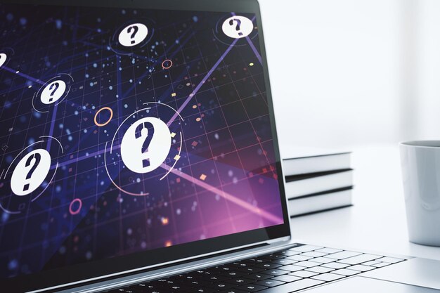 Creative concept of question mark illustration on modern laptop screen FAQ and search concept 3D Rendering