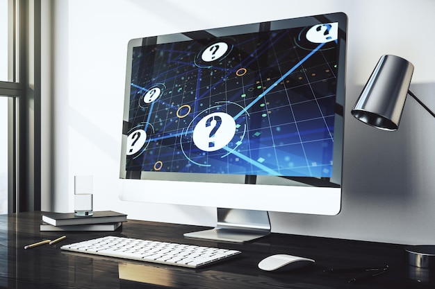 Creative concept of question mark illustration on modern laptop screen FAQ and search concept 3D Rendering