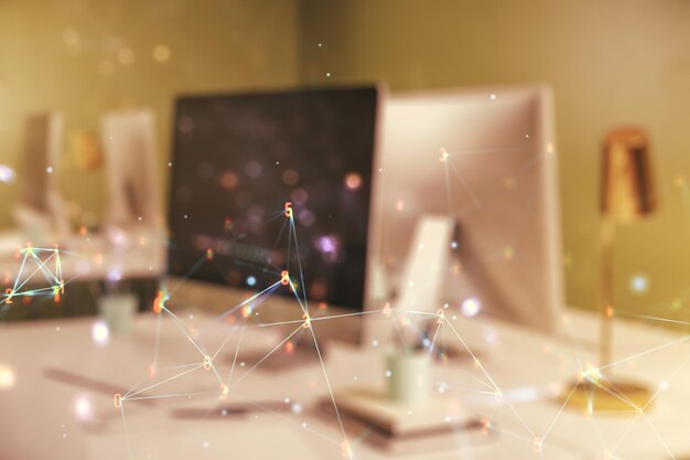 creative concept of wireless technology on modern laptop background big data and database concept multiexposure
