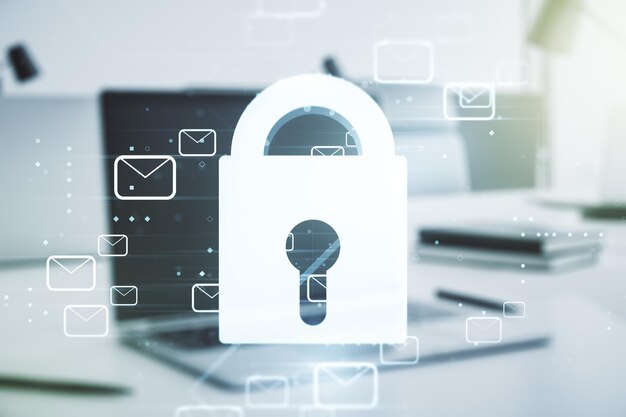 Creative concept with lock symbol and postal envelopes illustration on modern laptop background Protection and firewall concept Multiexposure