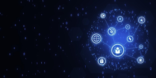 Creative connected digital business interface with various icons and binary code on blurry background Software development app global business and ai concept 3D Rendering