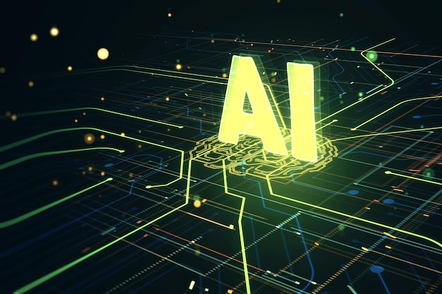Creative design of artificial Intelligence ai brain with circuit board Learning process and problem solving concept Abstract digital technology grid background 3D Rendering
