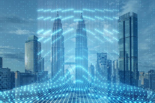 Creative futuristic blue neon room interior on blurry city background Tunnel or corridor glowing panels fashion podium performance stage decorations concept Double exposure